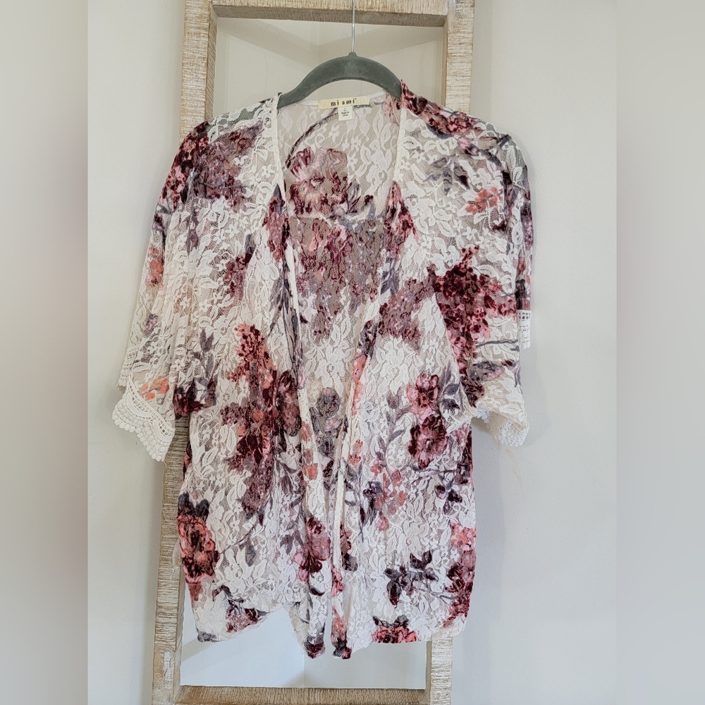 Floral lace open front top